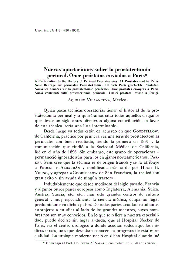 First page of Nuevas aportaciones sobre la prostatectomía perineal. Once próstatas enviadas a Paris