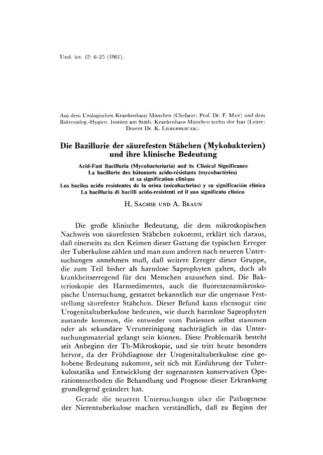 First page of Die Bazillurie der säurefesten Stäbchen (Mykobakterien) und ihre klinische Bedeutung