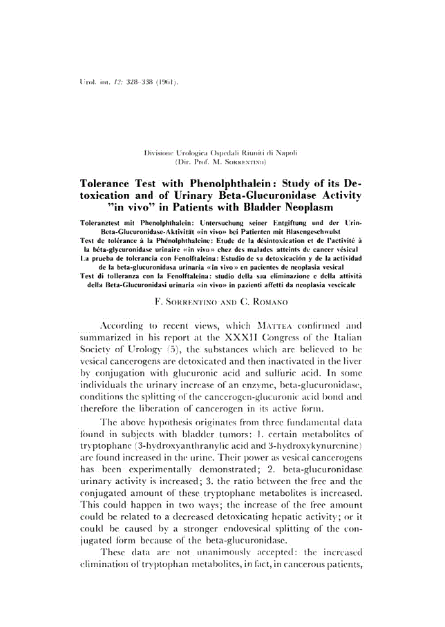 First page of Tolerance Test with Phenolphthalein: Study of its Detoxication and of Urinary Beta-Glucuronidase Activity “in vivo” in Patients with Bladder Neoplasm