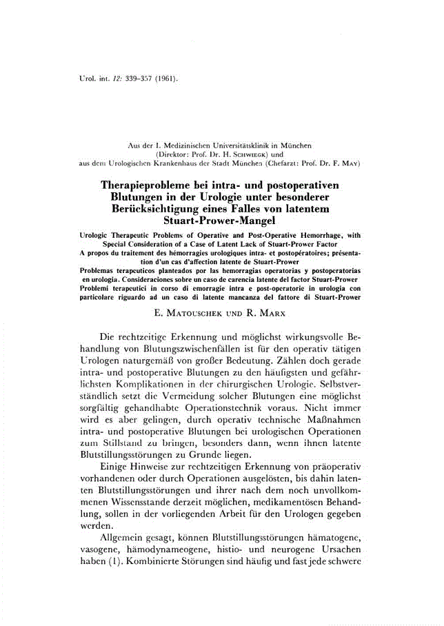 First page of Therapieprobleme bei intra- und postoperativen Blutimgen in der Urologie unter besonderer Berücksichtigung eines Falles von latentem Stuart-Prower-Mangel