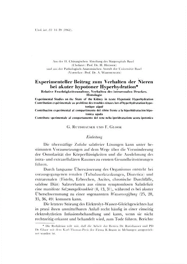 First page of Experimenteller Beitrag zum Verhalten der Nieren bei akuter hypotoner Hyperhydration