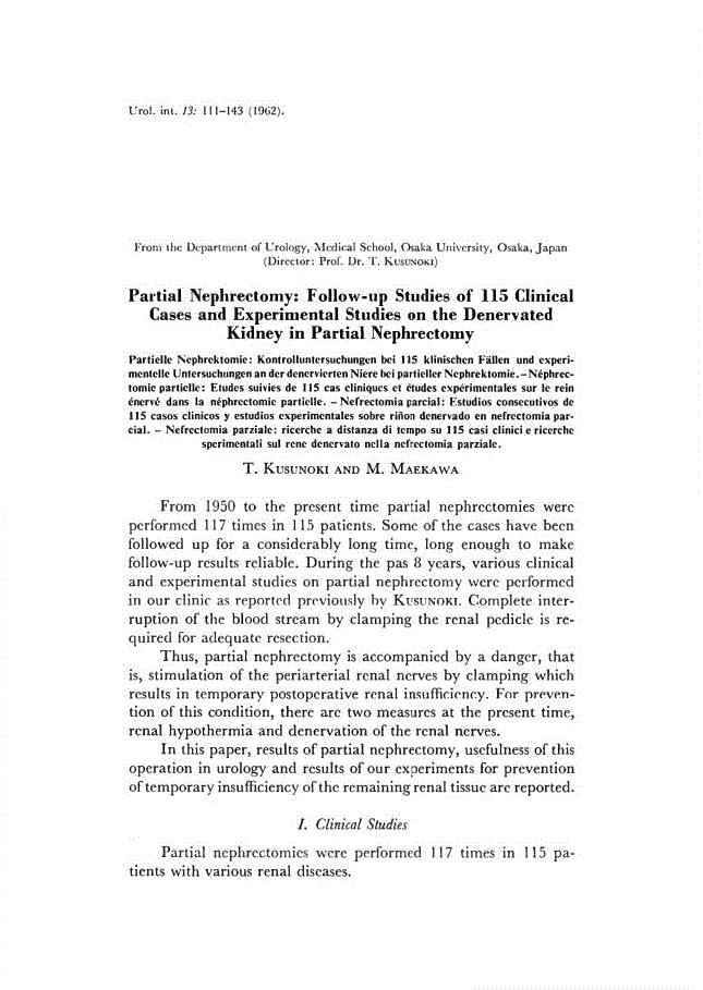 First page of Partial Nephrectomy: Follow-up Studies of 115 Clinical Cases and Experimental Studies on the Denervated Kidney in Partial Nephrectomy