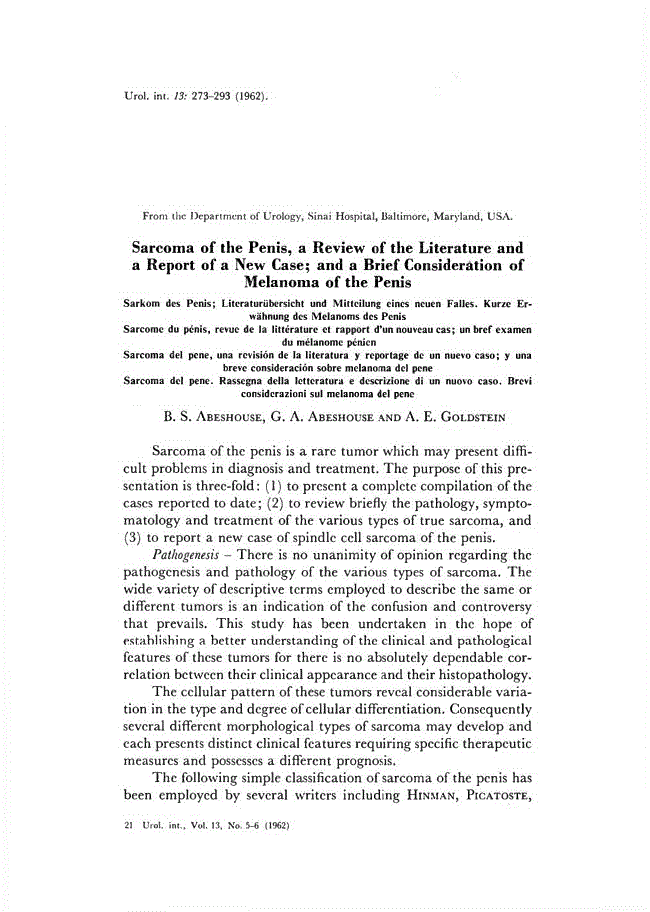 First page of Sarcoma of the Penis, a Review of the Literature and a Report of a New Case; and a Brief Consideration of Melanoma of the Penis