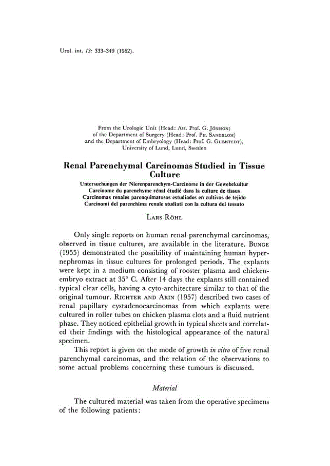 First page of Renal Parenchymal Carcinomas Studied in Tissue Culture
