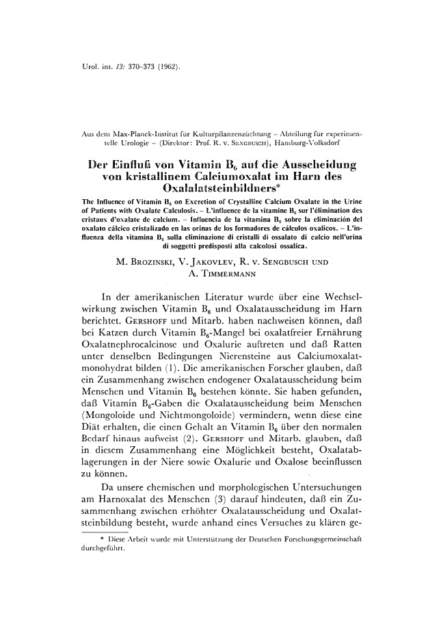 First page of Der Einfluβ von Vitamin B<sub>6</sub> auf die Ausscheidung von kristallinem Calciumoxalat im Harn des Oxalalatsteinbildners