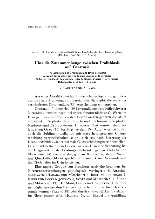 First page of Über die Zusammenhänge zwischen Urolithiasis und Citraturie
