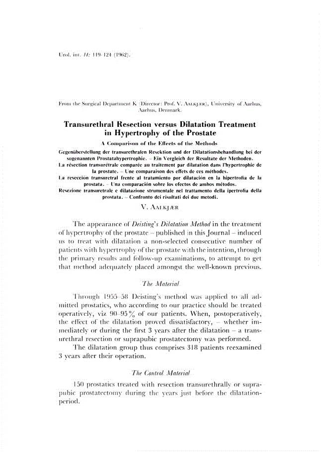 First page of Transurethral Resection versus Dilatation Treatment in Hypertrophy of the Prostate<subtitle>A Comparison of the Effects of the Methods</subtitle>