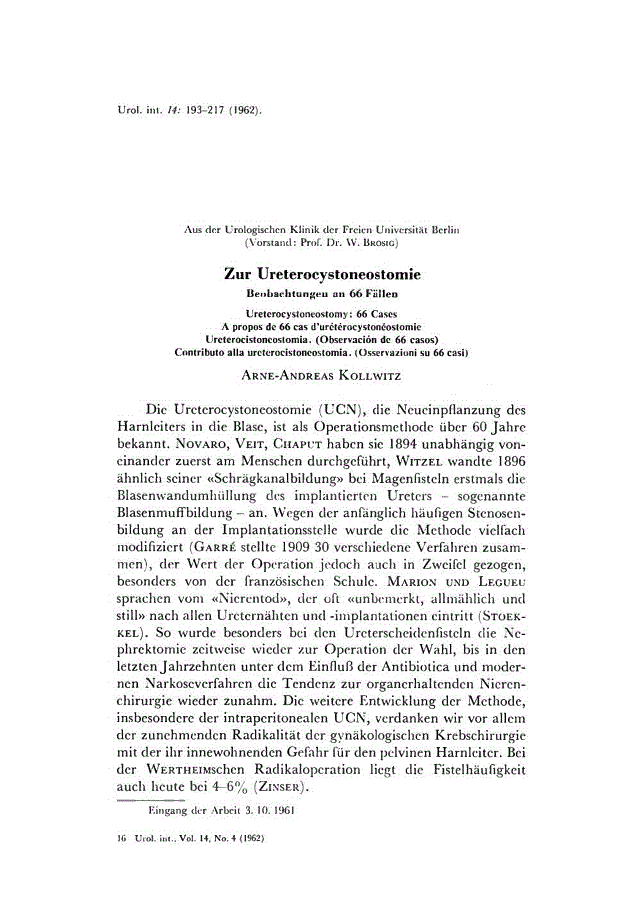 First page of Zur Ureterocystoneostomie<subtitle>Beobachtungen an 66 Fällen</subtitle>