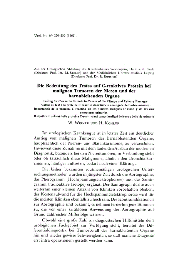 First page of Die Bedeutiing des Testes auf C-reaktives Protein bei malignen Tumoren der Nieren und der harnableitenden Organe