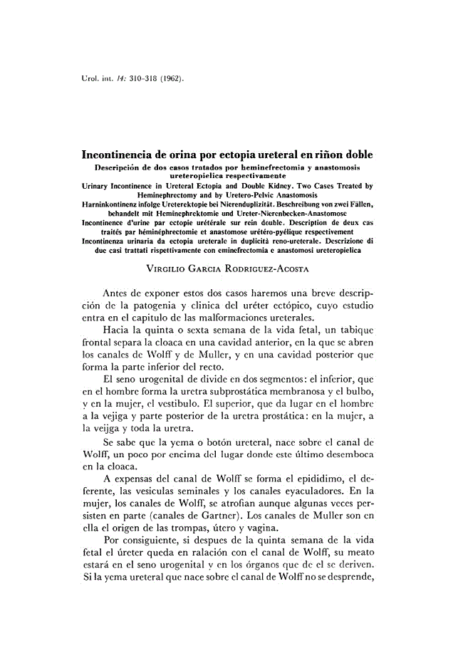 First page of Incontinencia de orina por ectopia ureteral en riñon doble<subtitle>Descripción de dos casos tratados por heminefrectomia y anastomosis ureteropielica respectivamente</subtitle>