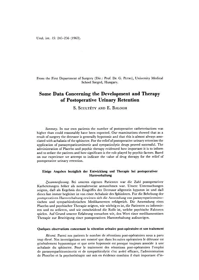 First page of Some Data Concerning the Development and Therapy of Postoperative Urinary Retention