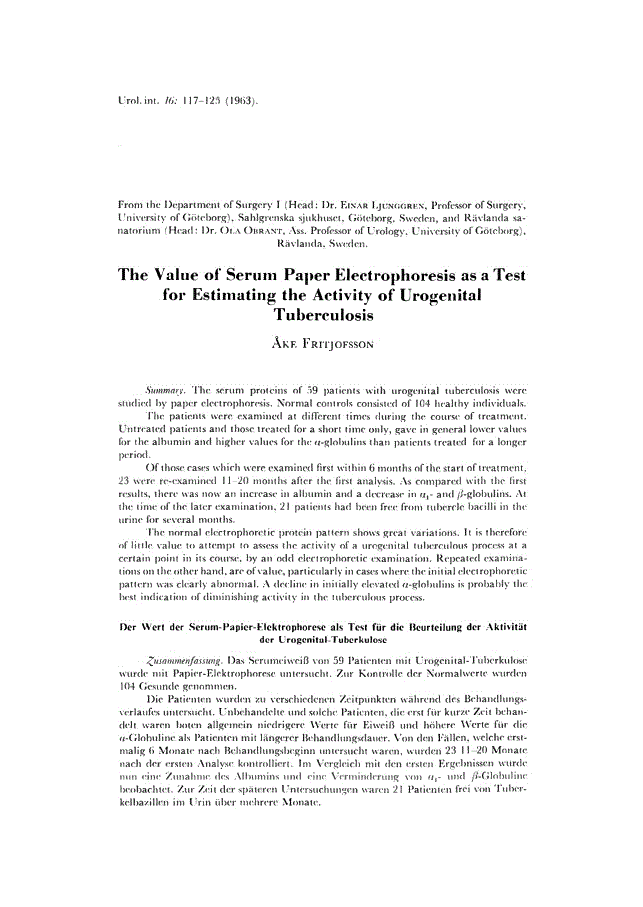 First page of The Value of Serum Paper Electrophoresis as a Test for Estimating the Activity of Urogenital Tuberculosis