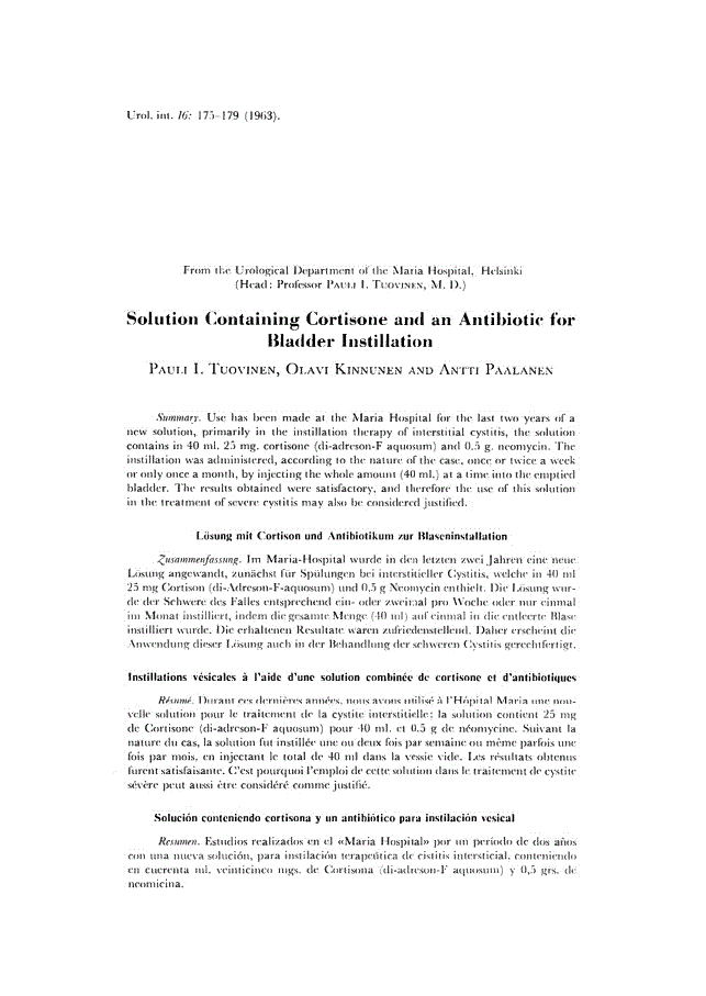 First page of Solution Containing Cortisone and an Antibiotic for Bladder Instillation