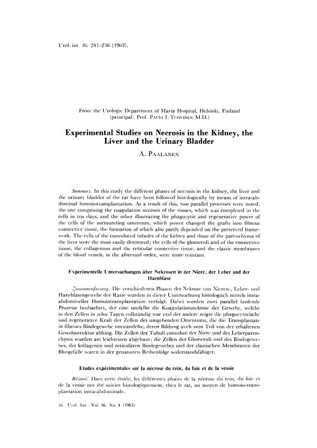First page of Experimental Studies on Necrosis in the Kidney, the Liver and the Urinary Bladder