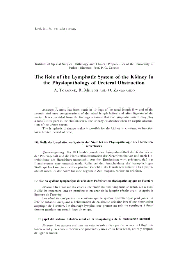 First page of The Role of the Lymphatic System of the Kidney in the Physiopathology of Ureteral Obstruction