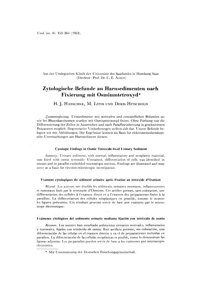 First page of Zytologische Befunde an Harnsedimenten nach Fixierung mit Osmiumtetroxyd