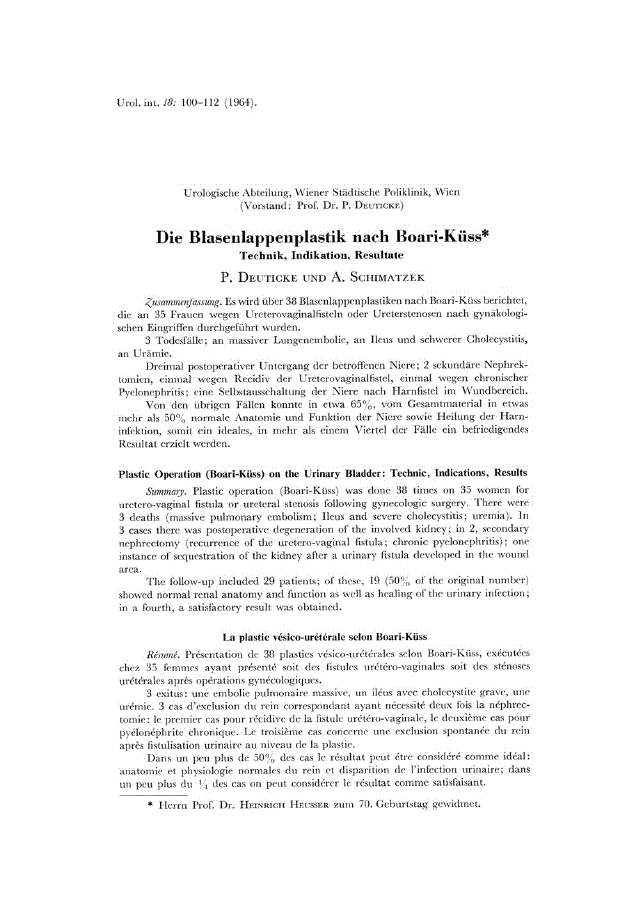 First page of Die Blasenlappenplastik nach Boari-Küss<subtitle>Tecbnik, Indikation, Resultate</subtitle>