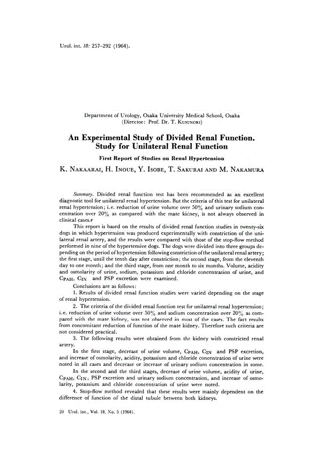 First page of An Experimental Study of Divided Renal Function. Study for Unilateral Renal Function<subtitle>First Report of Studies on Renal Hypertension</subtitle>