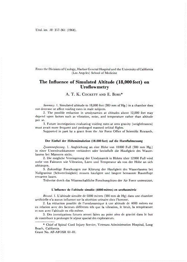 First page of The Influence of Simulated Altitude (18,000 feet) on Uroflowmetry