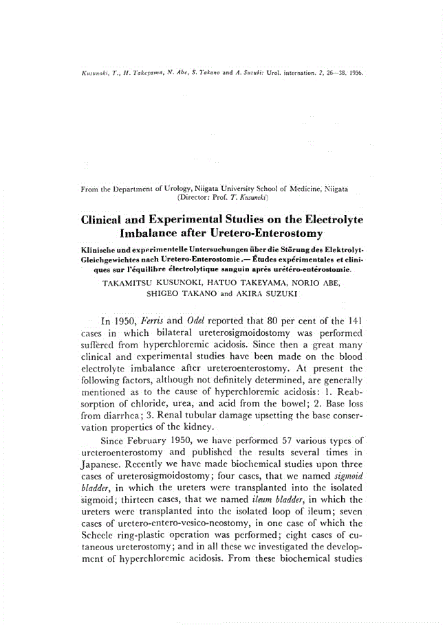 First page of Clinical and Experimental Studies on the Electrolyte Imbalance after Uretero-Enterostomy