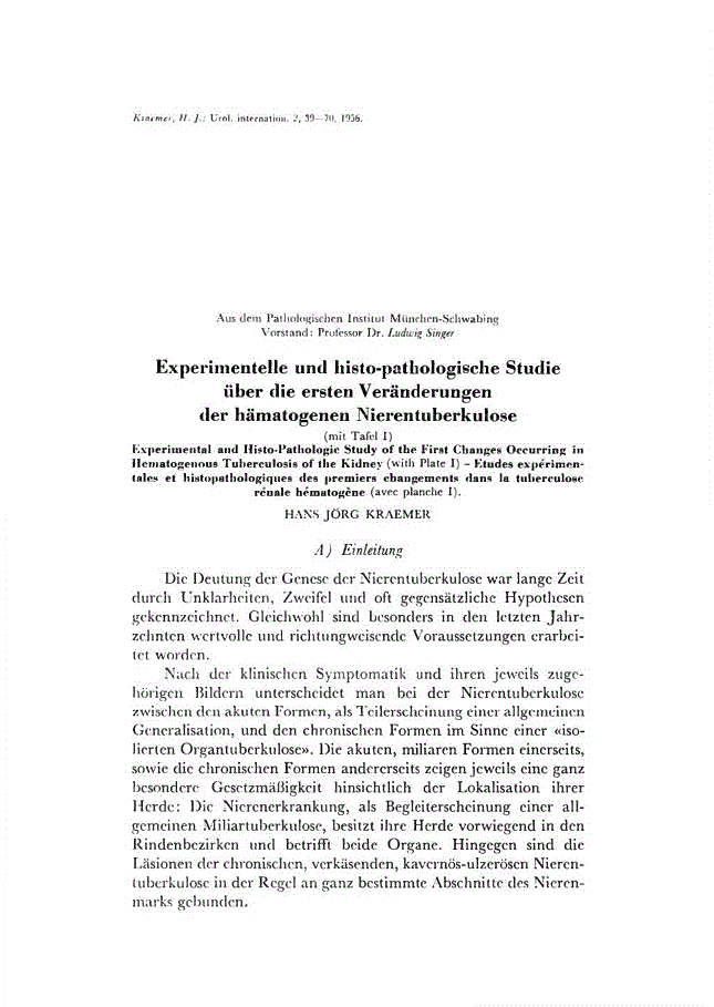 First page of Experimentelle und histo-pathologische Studie über die ersten Veränderungen der hämatogenen Nierentuberkulose