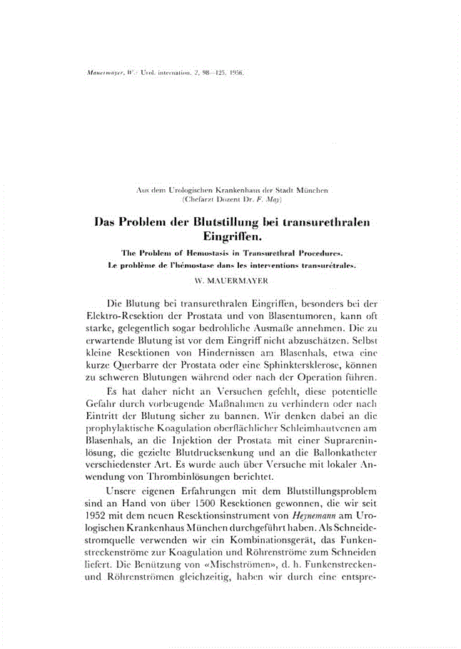 First page of Das Problem der Blutstillung bei transurethralen Eingriffen