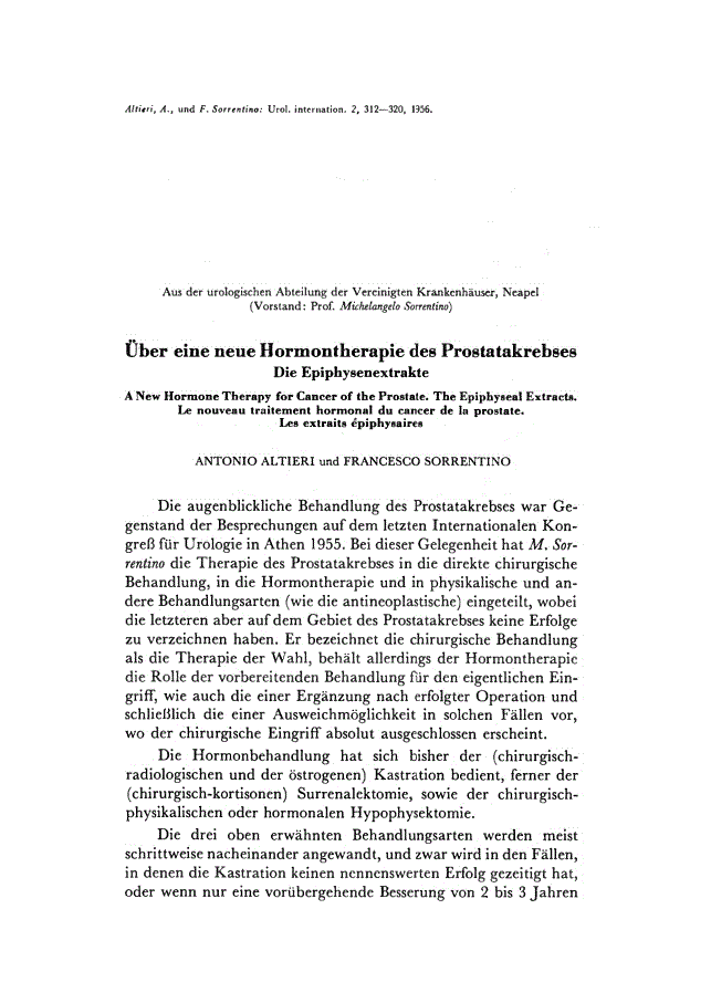 First page of Über eine neue Hormontherapie dee Prostatakrebses<subtitle>Die Epiphysenextrakte</subtitle>