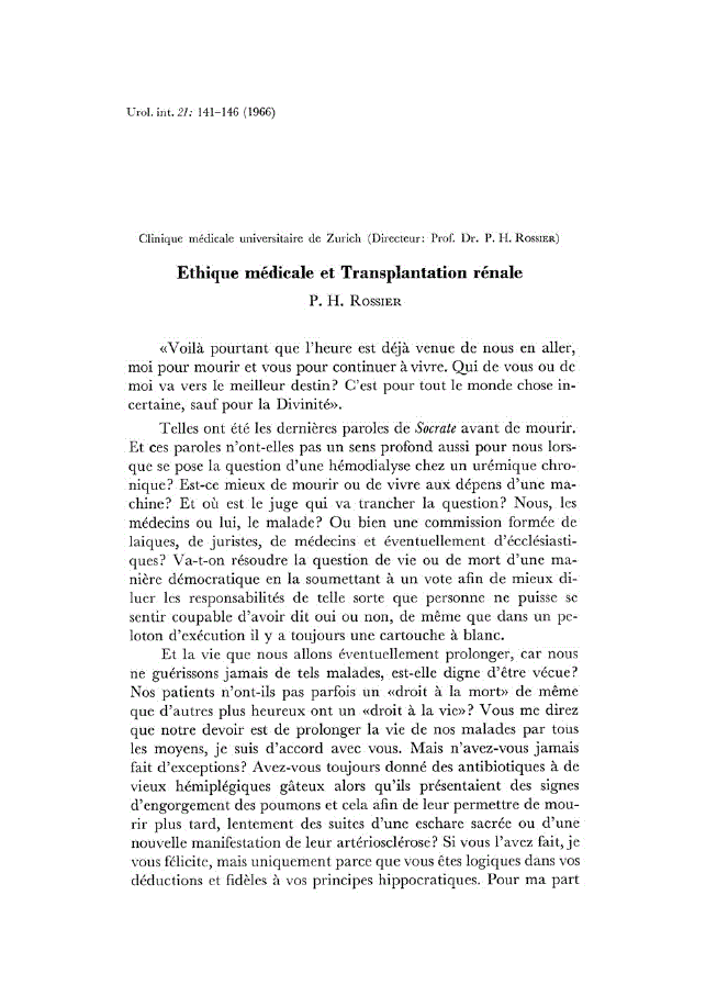 First page of Ethique médicale et Transplantation rénale
