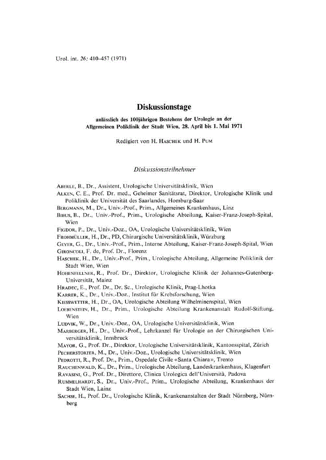 First page of Diskussionstage anlässlich des 100 jährigen Bestehens der Urologie an der Allgemeinen Poliklinik der Stadt Wien, 28. April bis 1. Mai 1971