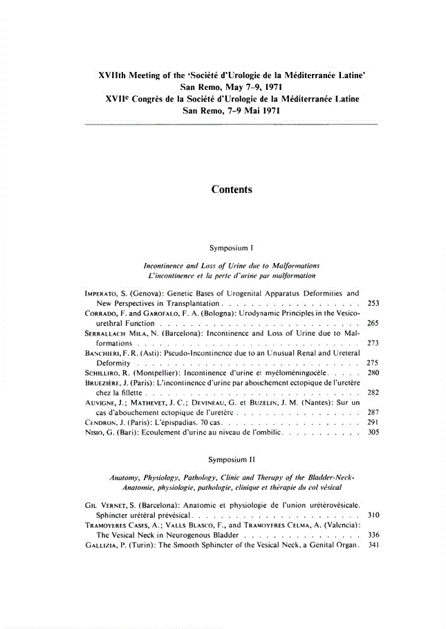 First page of XVIIth Meeting of the ‘Société d’Urologie de la Méditerranée Latine’ San Remo, May 7–9, 1971
