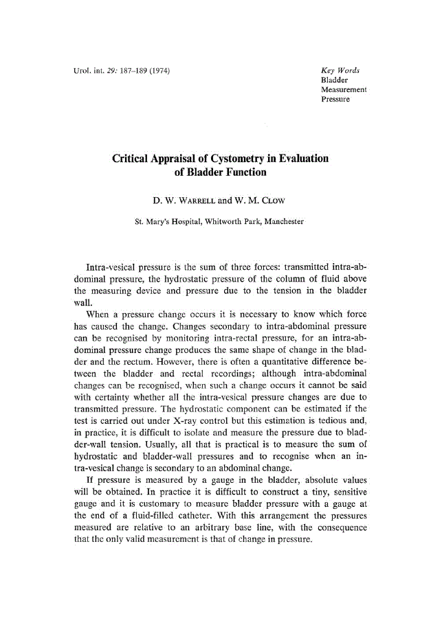 First page of Critical Appraisal of Cystometry in Evaluation of Bladder Function
