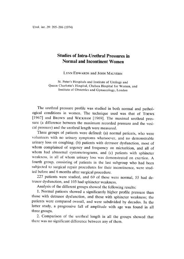 First page of Studies of Intra-Urethral Pressures in Normal and Incontinent Women