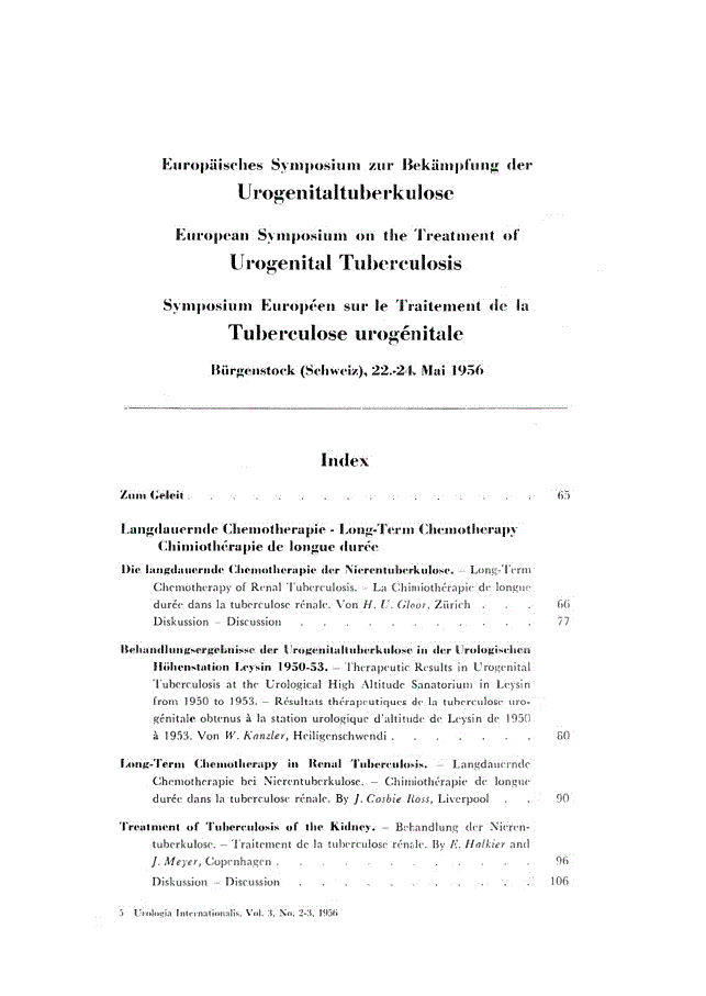 First page of Europäisches Symposium zur Bekämpfung der Urogenitaltuberkulose<subtitle>Bürgenstock (Schweiz), 22.-24. Mai 1956</subtitle>