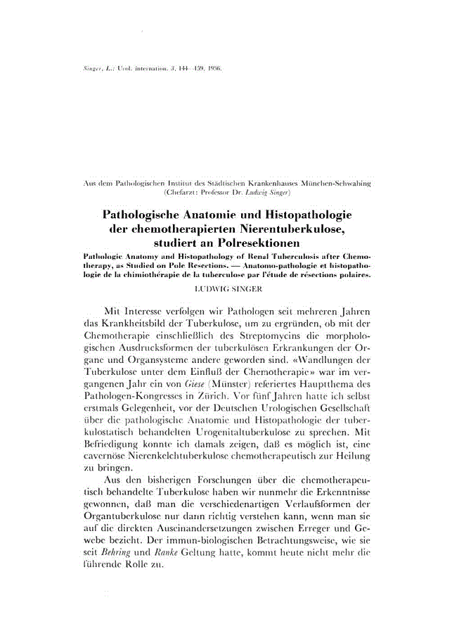 First page of Pathologische Anatomie und Histopathologie der chemotherapierten Nierentuberkulose, studiert an Polresektionen