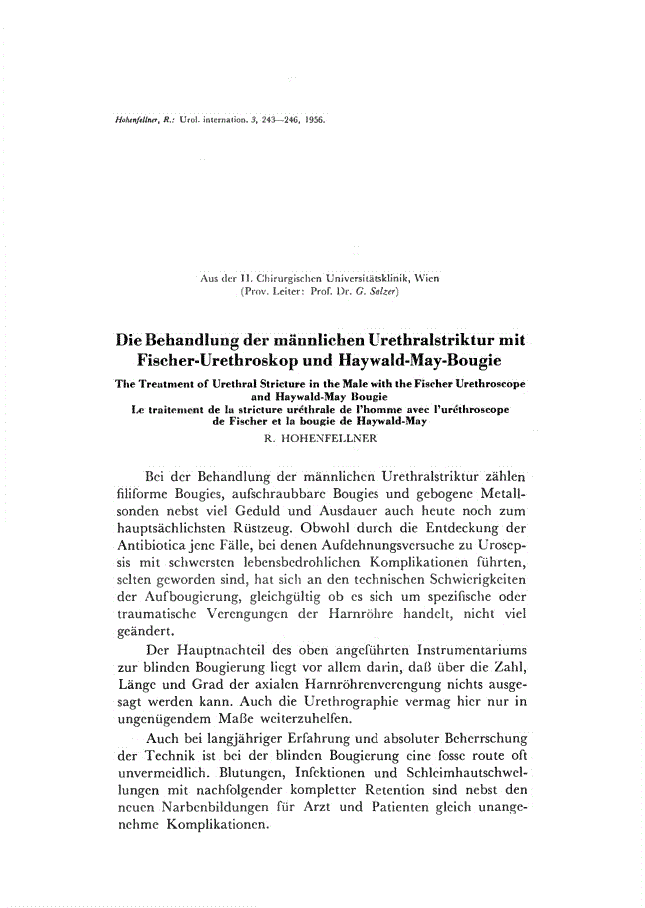 First page of Die Behandlung der männlichen Urethralstriktur mit Fischer-Urethroskop und Haywald-May-Bougie