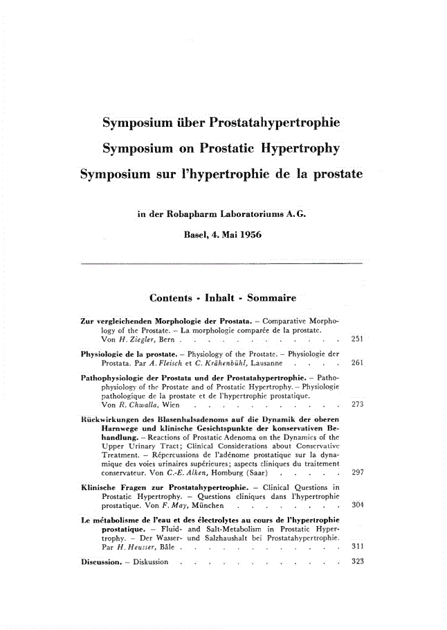 First page of Symposium über Prostatahypertrophie – Symposium on Prostatic Hypertrophy – Symposium sur I’hypertrophie de la prostate<subtitle>in der Robapharm Laboratoriums A. G. Basel, 4. Mai 1956</subtitle>