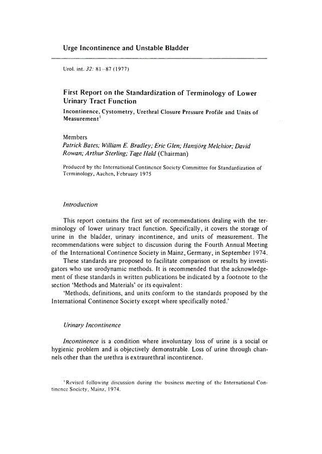 First page of First Report on the Standardization of Terminology of Lower Urinary Tract Function<subtitle>Incontinence, Cystometry, Urethral Closure Pressure Profile and Units of Measurement</subtitle>
