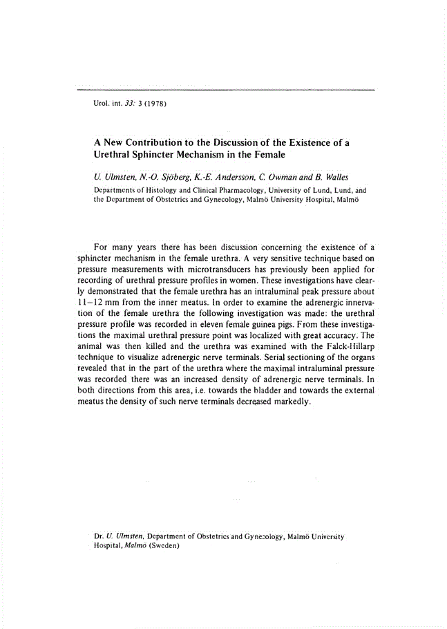 First page of A New Contribution to the Discussion of the Existence of a Urethral Sphincter Mechanism in the Female