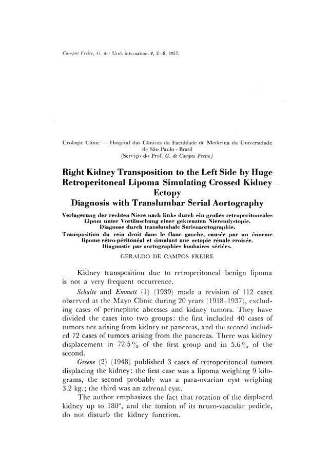 First page of Right Kidney Transposition to the Left Side by Huge Retroperitoneal Lipoma Simulating Crossed Kidney Ectopy Diagnosis with Translumbar Serial Aortography