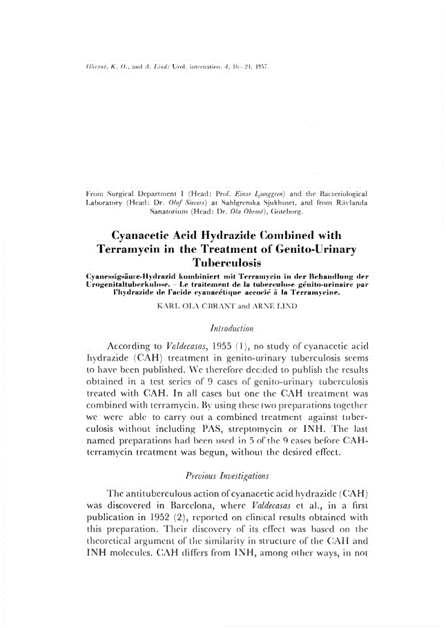 First page of Cyanacetic Acid Hydrazide Combined with Terramycin in the Treatment of Genito-Urinary Tuberculosis