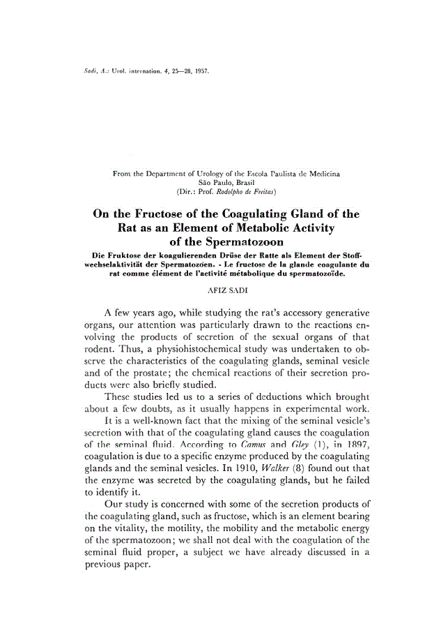 First page of On the Fructose of the Coagulating Gland of the Rat as an Element of Metabolic Activity of the Spermatozoon