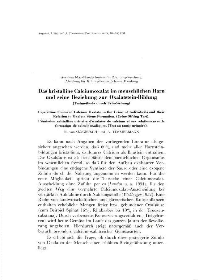 First page of Das kristalline Calciumoxalat im menschlichen Harn und seine Beziehung zur Oxalatstein-Bildung<subtitle>Testmethode durch Urin-Siebung</subtitle>