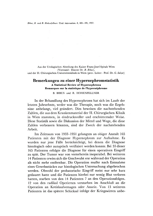 First page of Bemerkungen zu einer Hypernephromstatistik<subtitle>A Statistical Review of Hypernephroma Remarques sur la statistique de l’hypernéphrome</subtitle>