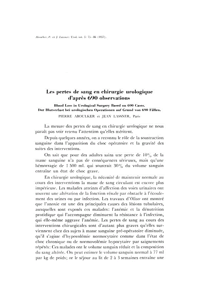 First page of Les pertes de sang en chirurgie urologique d’après 690 observations
