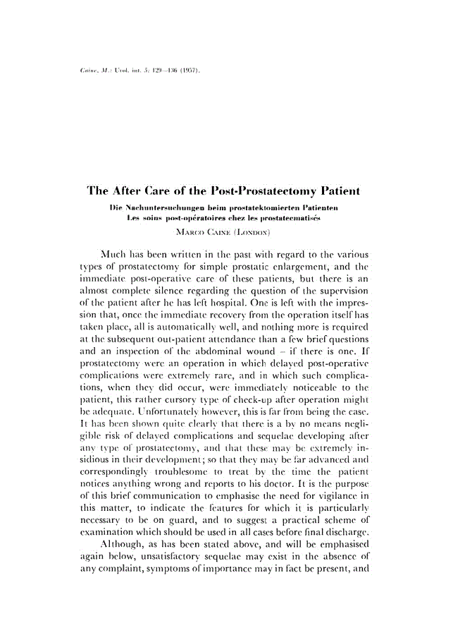 First page of The After Care of the Post-Prostatectomy Patient