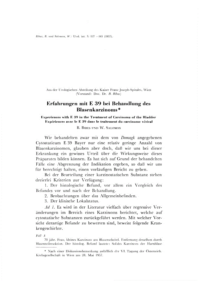 First page of Erfahrungen mit E 39 bei Behandlung des Blasenkarzinoms