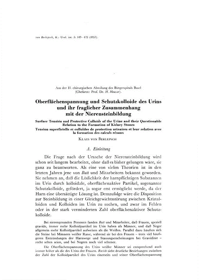 First page of Oberflächenspannung und Schutzkolloide des Urins und ihr fraglicher Zusammenhang mit der Nierensteinbildung