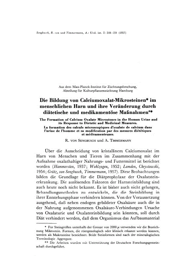 First page of Die Bildung von Calciumoxalat-Mikrosteinen im menschlichen Harn und ihre Veränderung durch diätetische und medikamentöse Maβnahmen