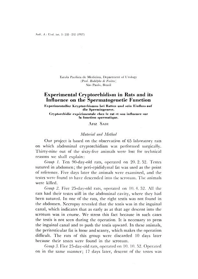 First page of Experimental Cryptorchidism in Rats and its Influence on the Spermatogenetic Function