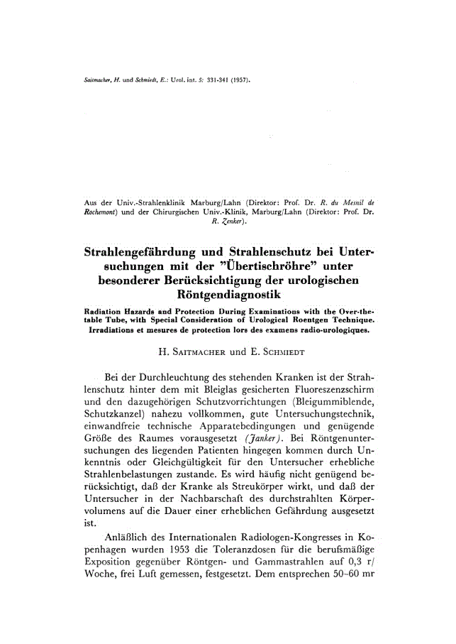 First page of Strahlengefährdung und Strahlenschutz bei Untersuchungen mit der ”Übertischröhre” unter besonderer Berücksichtigung der urologischen Röntgendiagnostik